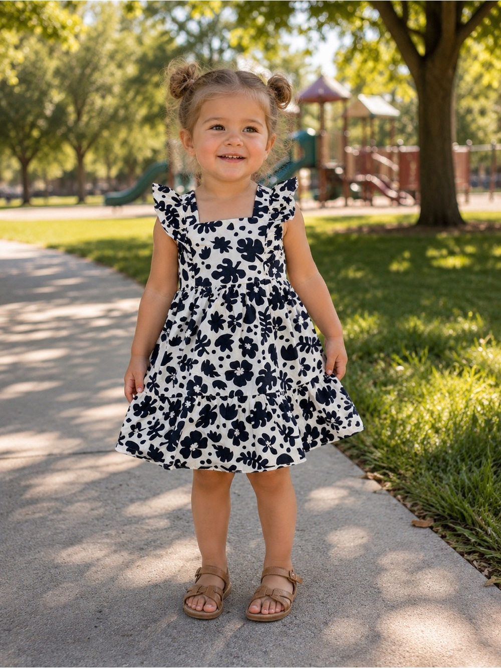 H&M Tan Dress with Black Floral Print and Ruffle Sleeves, size 2T, 100% cotton